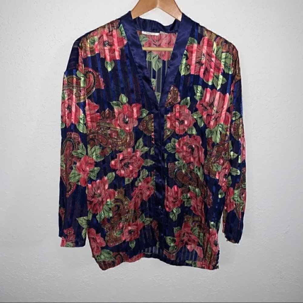 Victoria’s Secret Gold Label Top M Vintage Semi-Sheer Button Floral Metallic